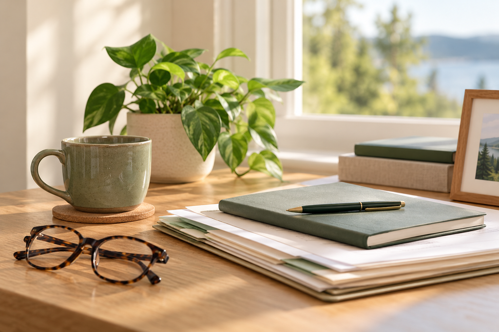Organized estate planning documents, notebook and reading glasses on a sunlit desk.